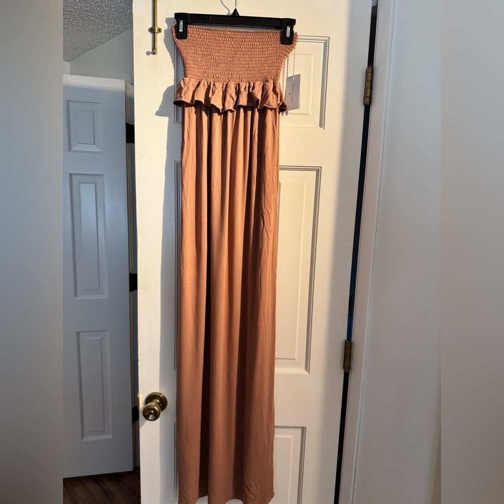 NEW Patrizia Pepe Strapless Maxi Dress Smocked Sake Brown US 6 Stretch NWT